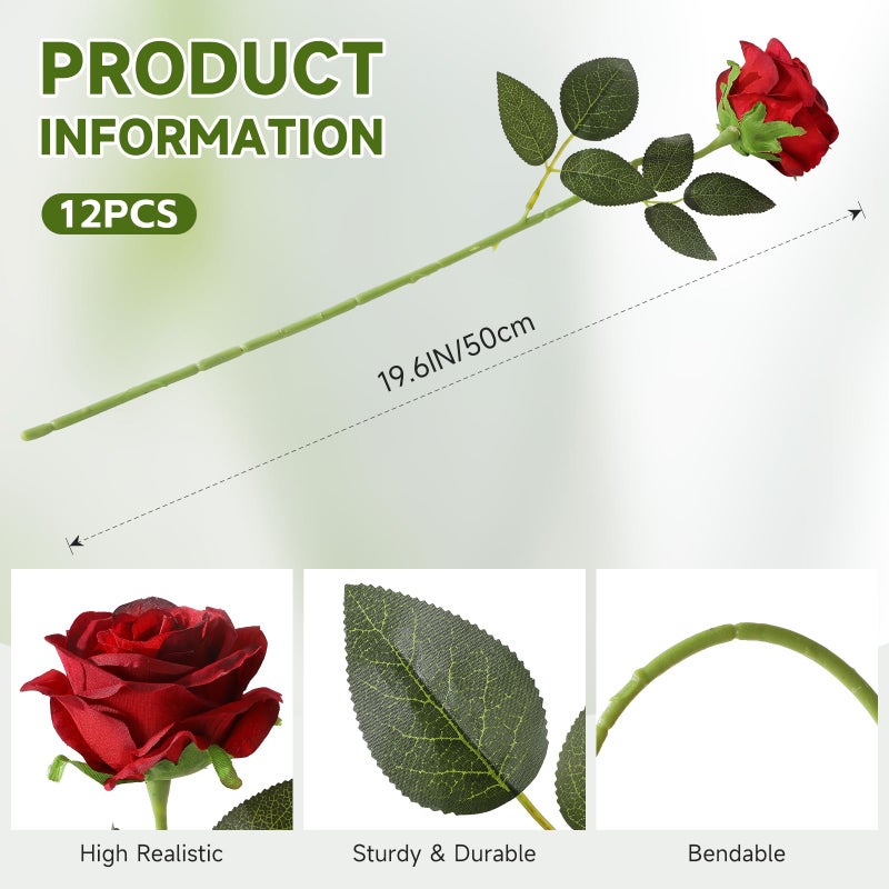 Tifuly 12pcs Red Roses Artificial Flowers,Realistic Long Stem Fake Silk Roses Bouquet for Party Home Wedding Centerpiece Office DIY Decorï¼ˆBurgundyï¼‰ - Image 2